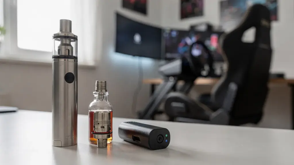 E-Zigarette mit Liquidflasche, Akku und Zubehör neben einem Rennsimulator.